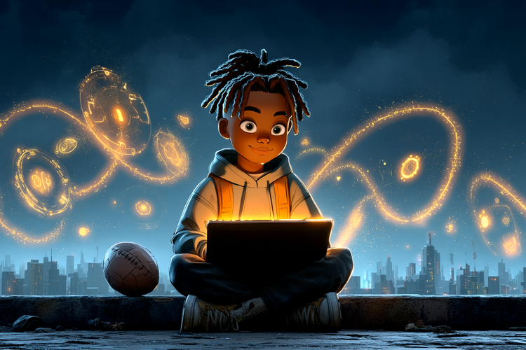 Jayden stares out optimistically as he attempts to chase two paths. This powerful image, positioned in the middle of a black tshirt, is intended to inspire kids familiar with his journey. 