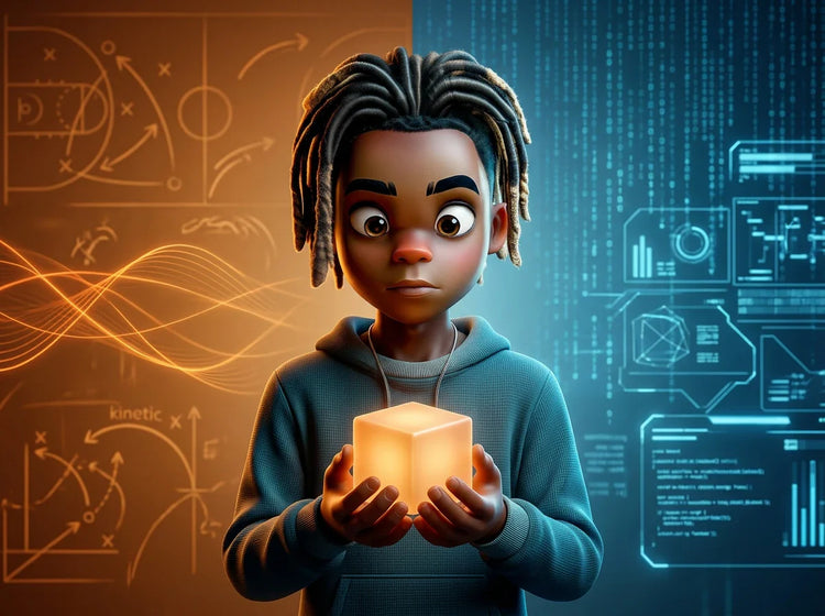 Jayden Carter standing between worlds of light and code — artwork representing the Code The Culture™ book series.